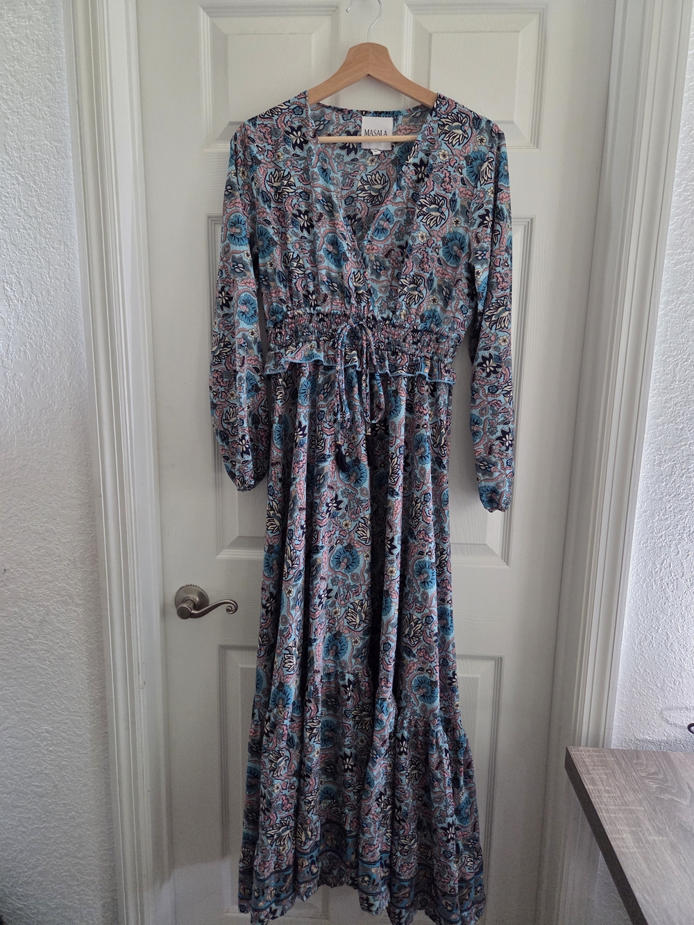 Teal Floral Midi Dress with Smocked Waist